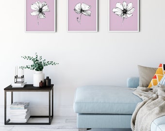 Lilac Botanical Print Set of 3, 8.5 x 11 Cosmos Flowers, Minimal Wall Art, Purple Floral Art Print