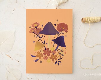 Mushroom Floral Art Print | 8.5x11, 11x14 | Unframed | Free US ship | Modern Wall Art | Purple and Coral