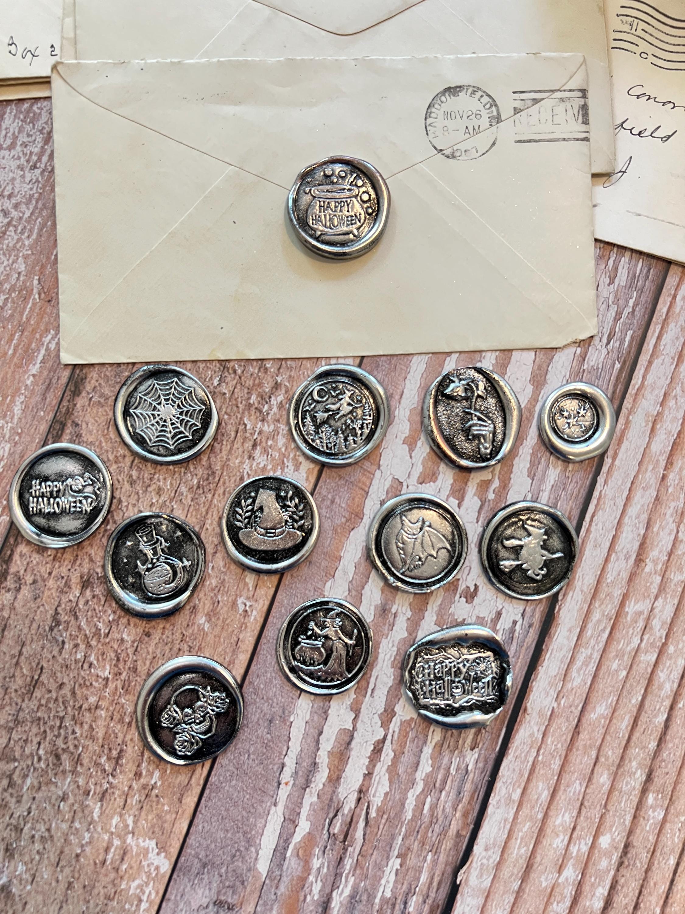 Set of 13 Halloween wax seals, Premade wax seals _ Witch, Bat, Moon, Spider Web, Cauldron
