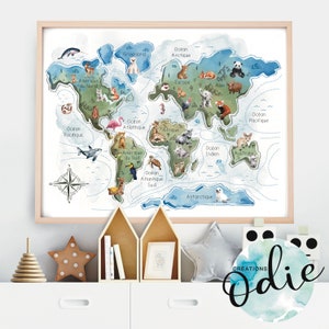 WORLD MAP POSTER child| Children's room illustration | | Wall Art | Educational material