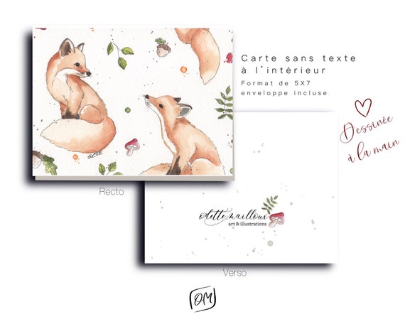 Renard Map Animal Watercolor Drawing Illustration Fox Greeting Etsy