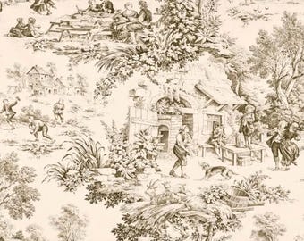 Vintage Country Toile Fabric – Beige & Cream - Home Decor Drapery, Curtains, Pillows, Table Linens (55” Wide fabric by the yard