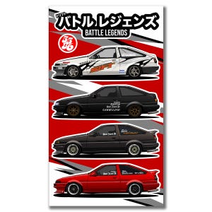 May include: A vertical poster featuring four Japanese drift cars in white, black, dark gray, and red. The top text reads "BATTLE LEGENDS" with Japanese characters above it. Each car is shown in profile against a red and gray background.