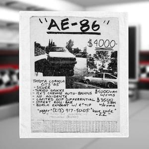 May include: A black and white photo of a silver Toyota Corolla GT-S '85 for sale. The ad lists the car's features, including shocks, chrome, a limited slip differential, a roll bar, and a Borla exhaust with a 4-inch tip. The ad also includes the price of $4,000 firm with rims, $3,500 firm without rims, and a phone number to contact the seller.