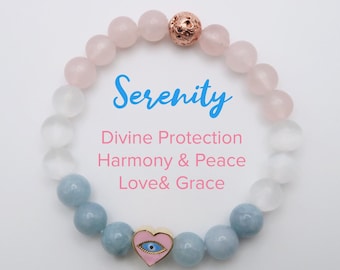 Serenity Gemstone Bracelet: Rose Quartz, Aquamarine, Selenite, Evil Eye Protection