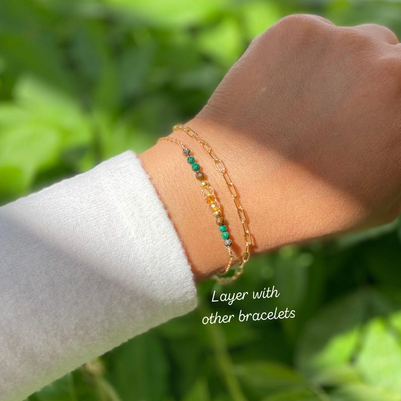 Prosperity bracelet Stack featuring 14k gold filled bracelet with malachite, citrine and pyrite.