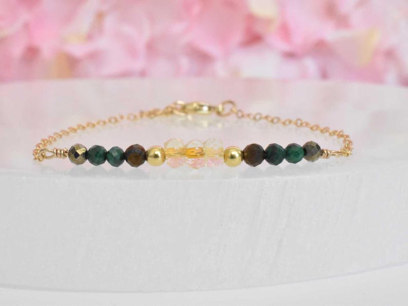 Wealth and money manifesting bracelet with malachite, citrine, pyrite and tiger's eye bracelet in 14k gold filled.
