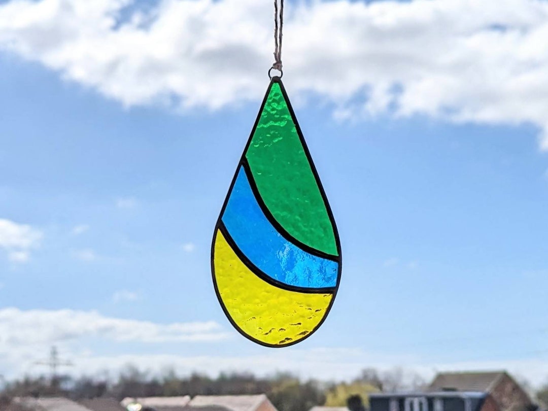 Stained Glass Drop Suncatcher. Yellow Iridescent Blue and Etsy