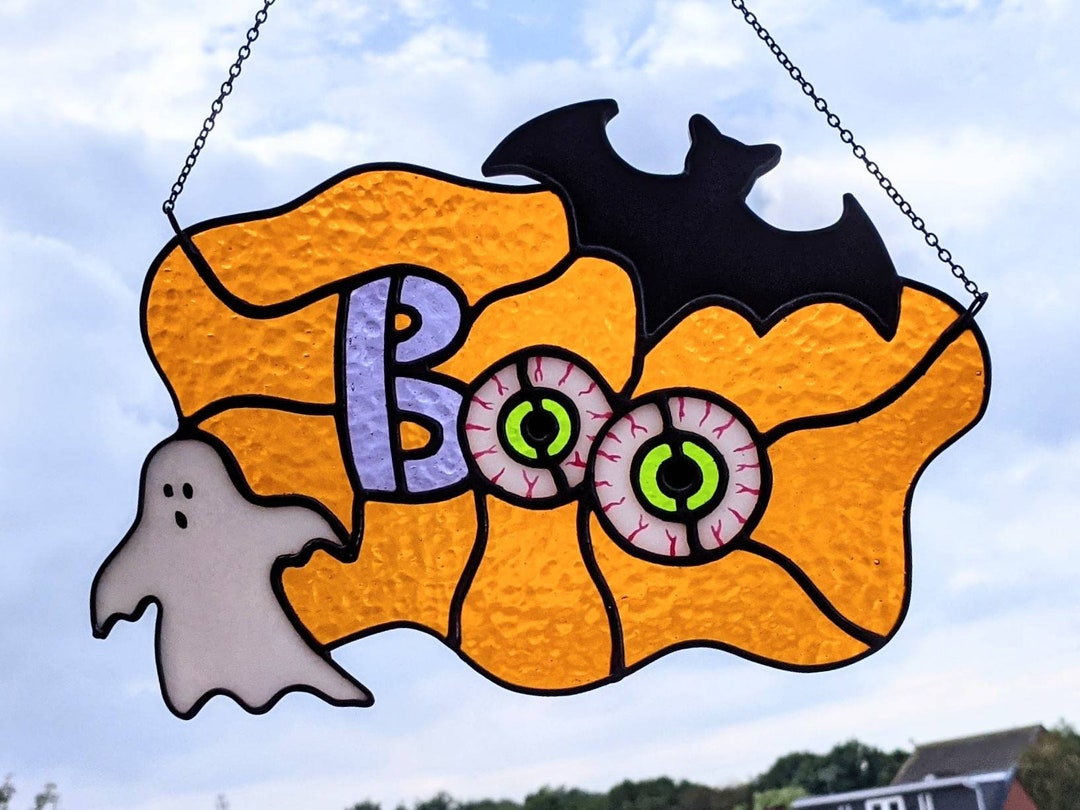 Stained Glass Spooky Halloween Suncatcher Panel. Bats Ghost Etsy