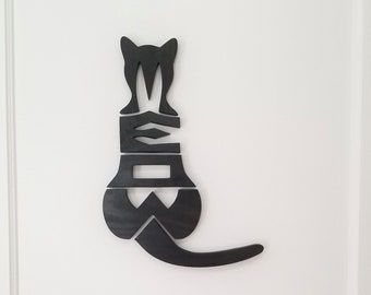 Cat  Wood Wall Hanging, Solid wood cat wall hanger with meow spelled out in wood.  Comes in 5 pieces, Ready to hang with command strips.