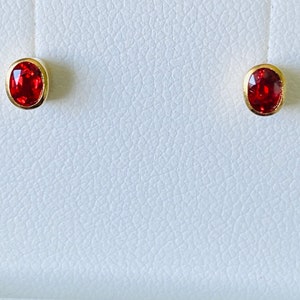 Vintage 18K Gold Ruby Stud Earrings, Oval Rubover Setting, 1963