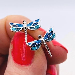 Dragonfly Stud Earrings In  Sterling Silver And Vitreous Enamel With Gorgeous Blue Colours