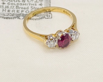 Vintage 18K Gold Ruby and Diamond Ring: Three Stone Engagement Ring, UK Size M