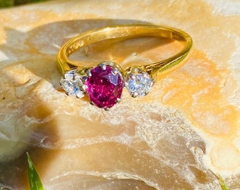 Vintage Ruby And Diamond  Engagement Ring In 18 Carat Yellow Gold size M-UK With Two Round Cut Diamonds And A Gorgeous Oval Ruby