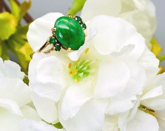 Vintage 14k Yellow Gold Jadeite & Emerald Ring - Size O (UK)