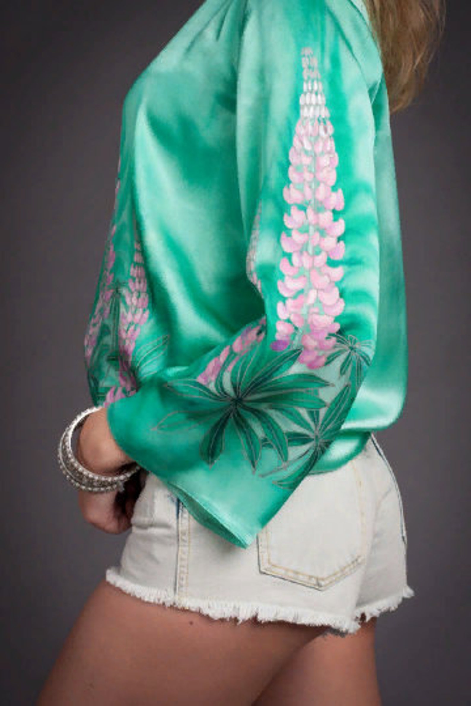 Hand painted silk top. Light green silk blouse. Floral blouse. Etsy