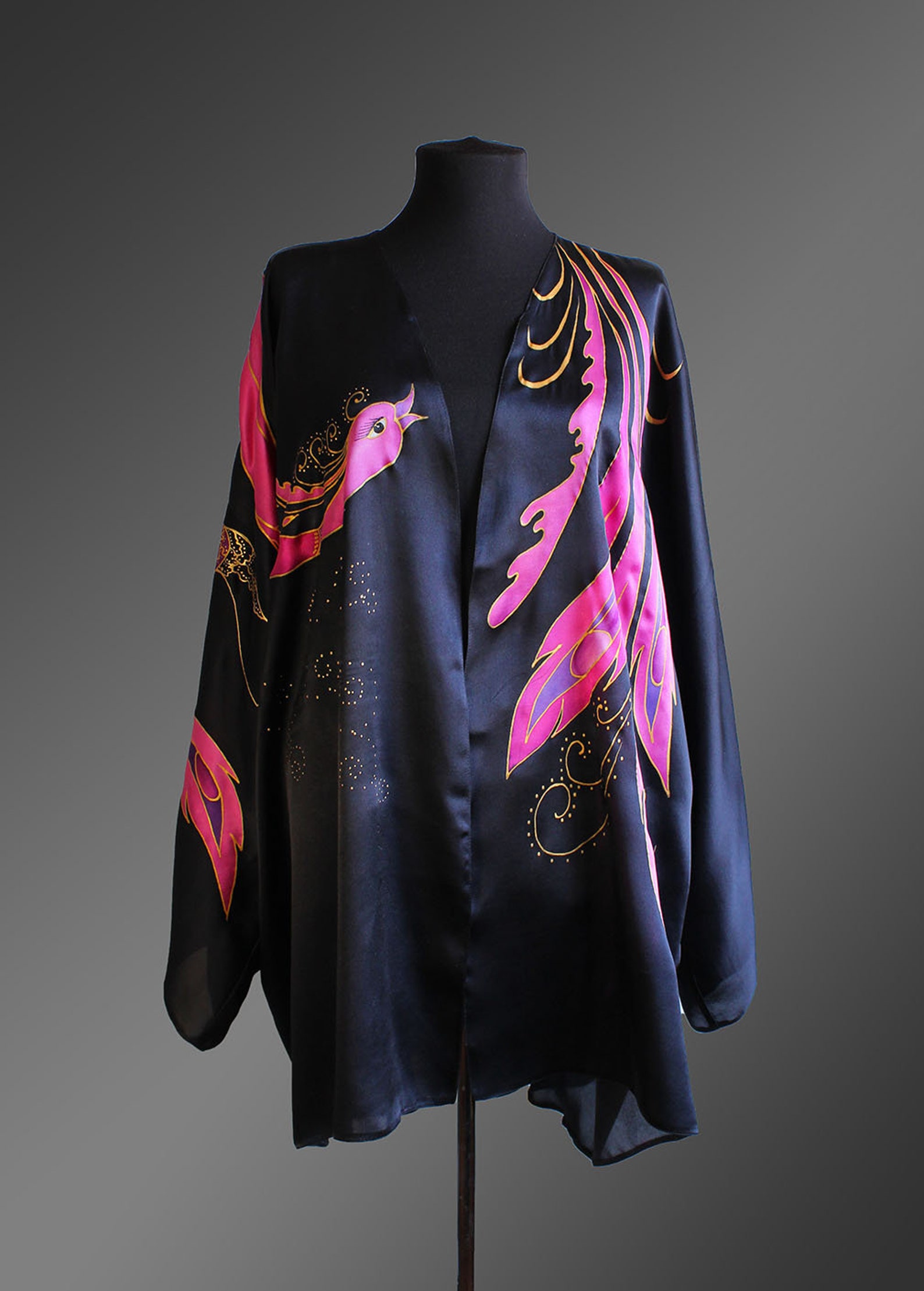 Hand painted silk kimono jacket. Plus size silk jacket. Black Etsy