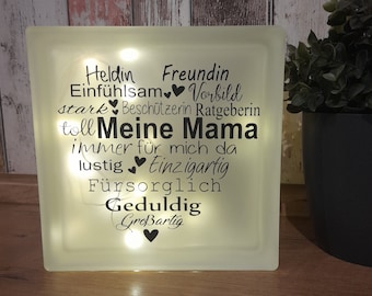 Glasbaustein mit Beleuchtung | ~MAMA HERZ~ | Dekolicht | Beleuchtung | Geschenkidee