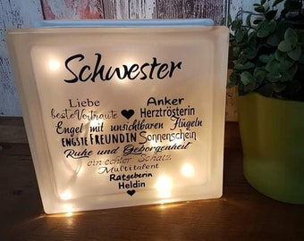 Glasbaustein mit Beleuchtung | ~ SCHWESTER~ | Dekolicht | Beleuchtung | Geschenkidee