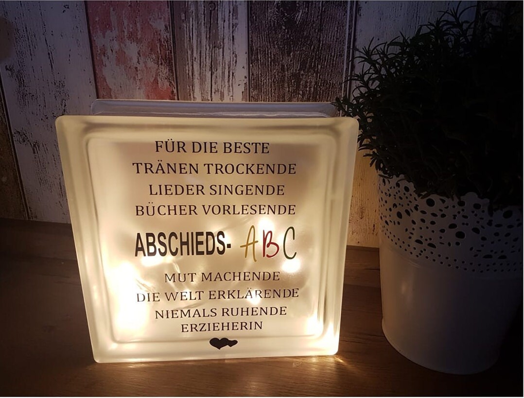 Glasbaustein mit Beleuchtung ABSCHIEDS ABC Dekolicht Etsy
