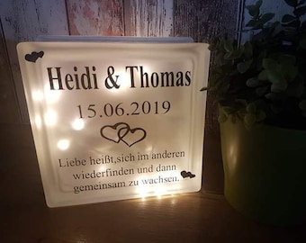 Glasbaustein mit Beleuchtung | ~ HOCHZEIT HERZ~ | Dekolicht | Beleuchtung | Geschenkidee