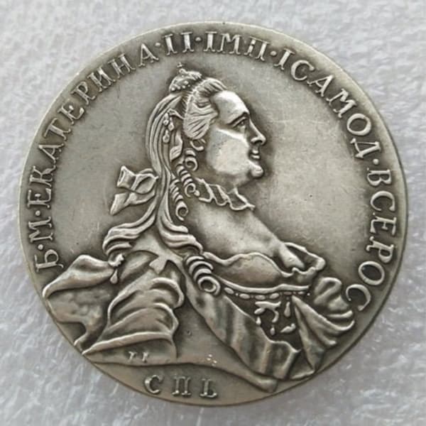1762 Catherine II RUSSIAN RUBLE Historical Novelty Coin w/ Antiqued Silver Plated Finish
