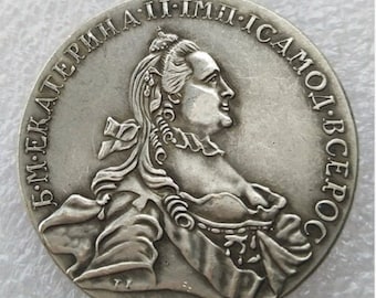 1762 Catherine II RUSSIAN RUBLE Historical Novelty Coin w/ Antiqued Silver Plated Finish