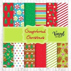 Puede incluir: Un conjunto de 10 dise&ntilde;os de papel digital con temas navide&ntilde;os. Los dise&ntilde;os incluyen hombres de jengibre, bastones de caramelo, copos de nieve y &aacute;rboles de Navidad. Los papeles son de varios colores, incluyendo rojo, verde, blanco y azul. El texto "Gingerbread Christmas" se muestra en una pancarta verde.