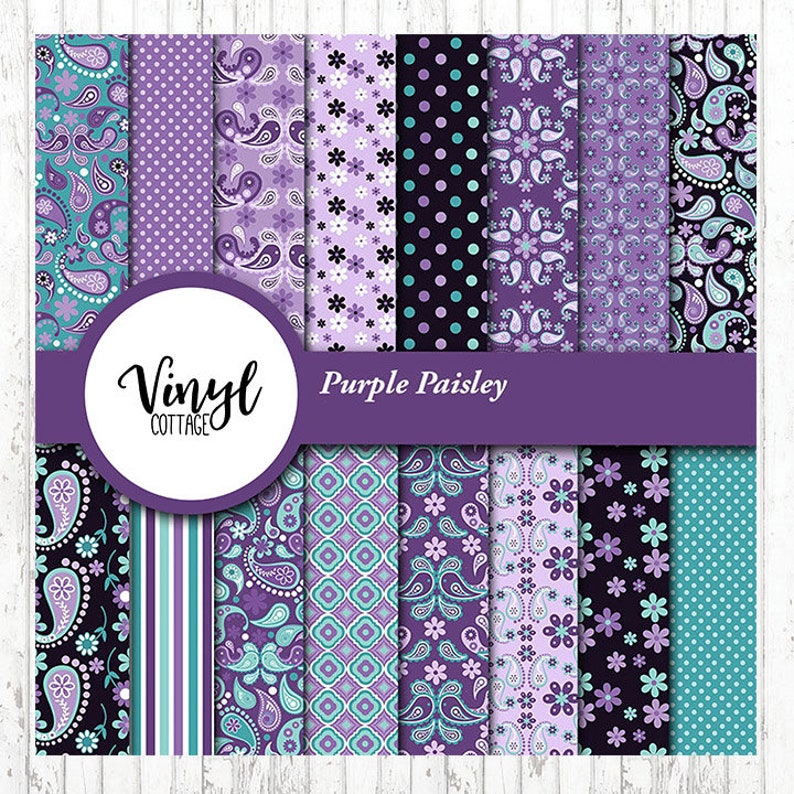 May include: A set of 12 digital papers featuring purple paisley patterns. The papers include a variety of designs, including paisley, polka dots, stripes, and floral patterns. The papers are perfect for scrapbooking, card making, and other craft projects.