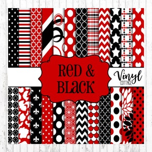 May include: A set of 16 digital papers in red and black featuring various patterns, including polka dots, stripes, chevron, and geometric designs. The papers are labeled "Red & Black" and "Vinyl Cottage".