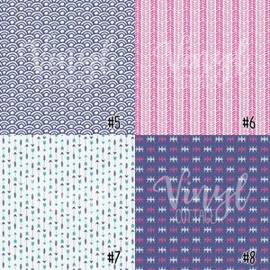 May include: Four digital paper patterns in a grid. The top left pattern is a navy blue and white geometric pattern. The top right pattern is a pink and white striped pattern. The bottom left pattern is a white background with teal and gray arrows. The bottom right pattern is a navy blue background with pink and white geometric shapes.