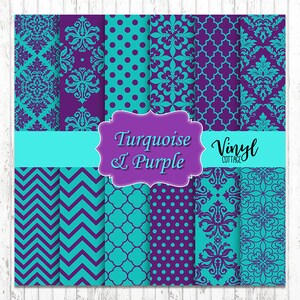 May include: A set of 12 digital paper designs in turquoise and purple. The designs include polka dots, chevron, damask, and geometric patterns.  Turquoise & Purple Vinyl Cottage.