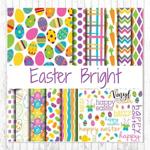 May include: A set of 10 digital paper designs featuring Easter-themed patterns in bright colors. The patterns include eggs, carrots, polka dots, stripes, swirls, jelly beans, and the text "Happy Easter".