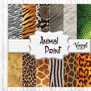 May include: A collage of 10 different animal print patterns, including zebra, tiger, snake, leopard, giraffe, and more. The patterns are arranged in a grid and are all in shades of brown, black, white, and green. The text "Animal Print" is written in a white circle in the center of the image. The text "Vinyl Cottage" is written in a white rectangle in the bottom right corner of the image.
