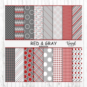 May include: A set of 16 digital paper patterns in red and gray featuring various geometric designs, including polka dots, stripes, plaid, and chevron. The text "RED & GRAY" and "16 Patterns" is displayed in the center of the image.