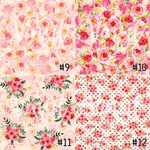 May include: Four digital paper designs featuring pink watercolor flowers on a white background. The designs include a floral pattern with a subtle glitter effect, a floral pattern with larger flowers, a floral pattern with a damask background, and a floral pattern with a heart pattern.
