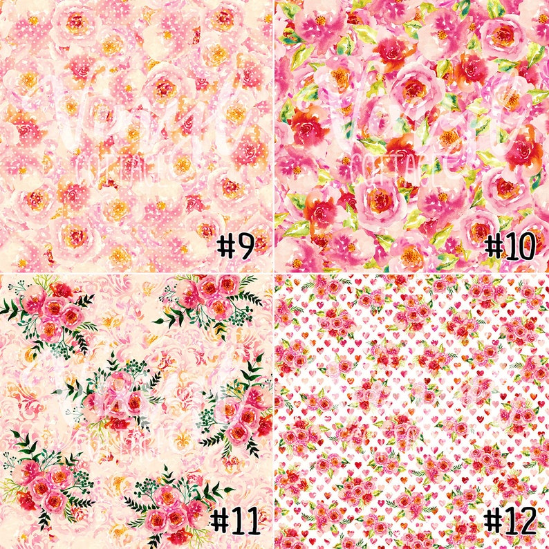 May include: Four digital paper designs featuring pink watercolor flowers on a white background. The designs include a floral pattern with a subtle glitter effect, a floral pattern with larger flowers, a floral pattern with a damask background, and a floral pattern with a heart pattern.