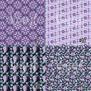 May include: Four different purple and teal paisley patterns. The patterns are numbered 9 through 12.