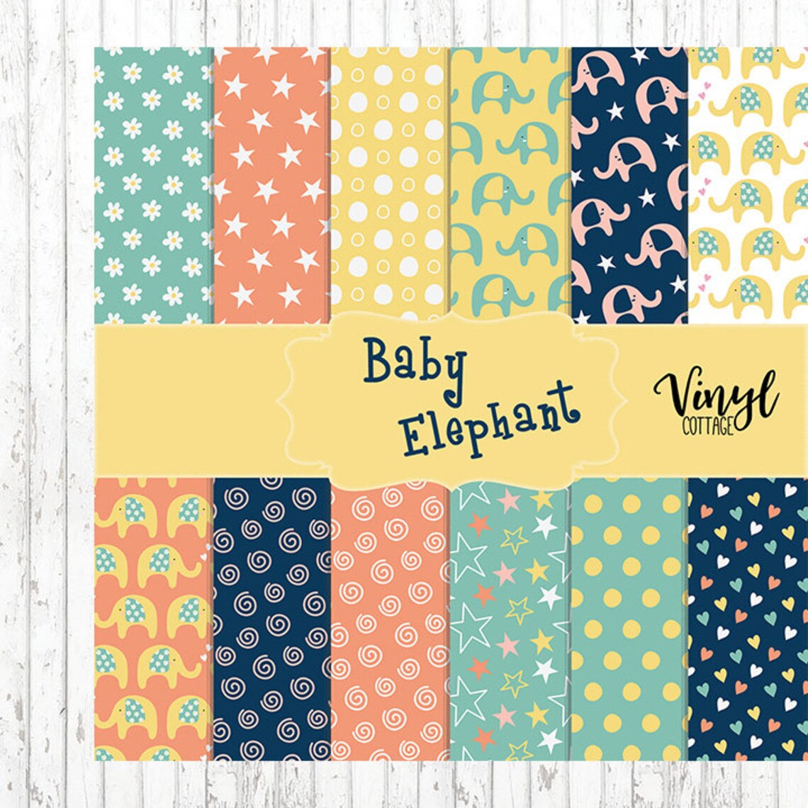 Baby Elephant Pattern Vinyl Blue and Yellow Print Vinyl | Etsy
