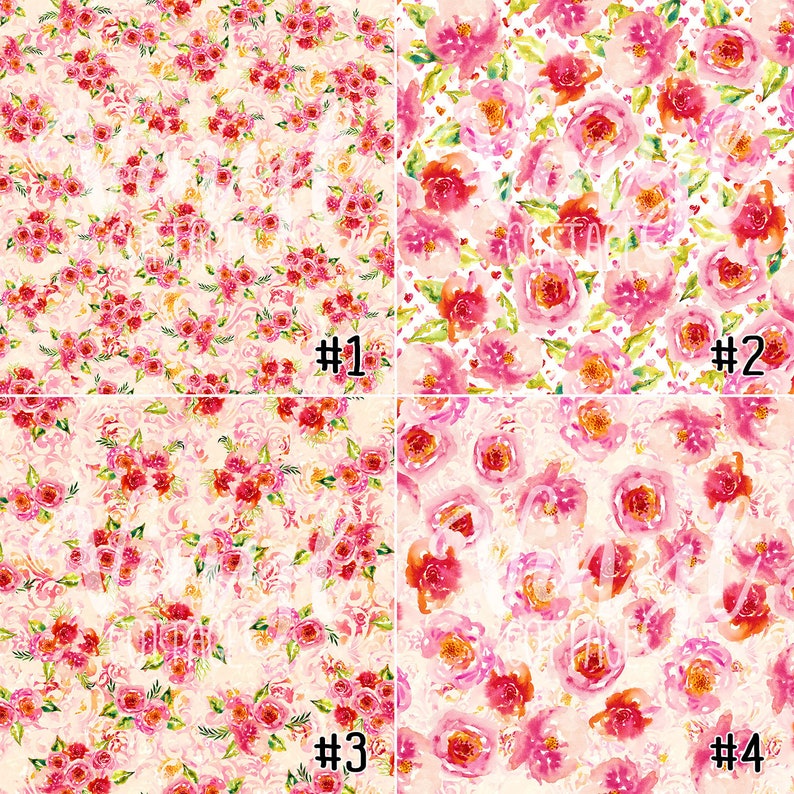 May include: Four different floral patterns with pink and red roses on a white background. The patterns are numbered 1 through 4.