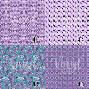 May include: Four digital paper designs in a purple and teal color scheme. The designs feature paisley patterns, floral patterns, and a combination of both. The designs are numbered 13, 14, 15, and 16.