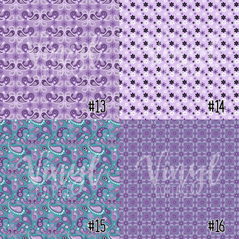 May include: Four digital paper designs in a purple and teal color scheme. The designs feature paisley patterns, floral patterns, and a combination of both. The designs are numbered 13, 14, 15, and 16.