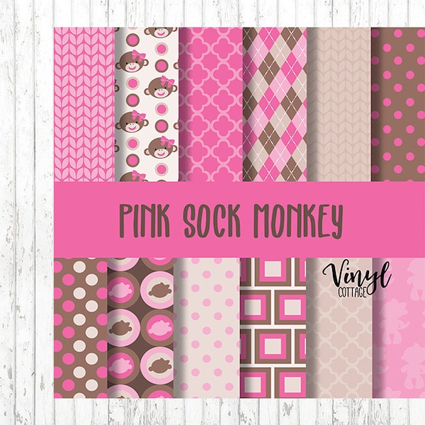 Pink Sock Monkey Pattern Vinyl, Baby Girl Print Vinyl, Printed HTV, Pattern Heat Transfer Vinyl, Printed Adhesive Vinyl, Craft Vinyl