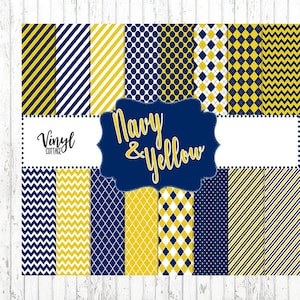 May include: A set of 12 digital papers featuring navy blue and yellow patterns. The patterns include stripes, polka dots, chevron, and diamond shapes. The text "Navy & Yellow" is displayed in a white banner.