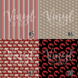 Peut inclure: Quatre motifs de papier num&eacute;rique diff&eacute;rents. Le premier motif est compos&eacute; de rayures rouges et blanches. Le deuxi&egrave;me motif est beige avec une silhouette de wapiti blanche r&eacute;p&eacute;t&eacute;e. Le troisi&egrave;me motif est rouge avec une silhouette d'ours blanche r&eacute;p&eacute;t&eacute;e. Le quatri&egrave;me motif est noir avec une silhouette de t&ecirc;te de wapiti rouge r&eacute;p&eacute;t&eacute;e.