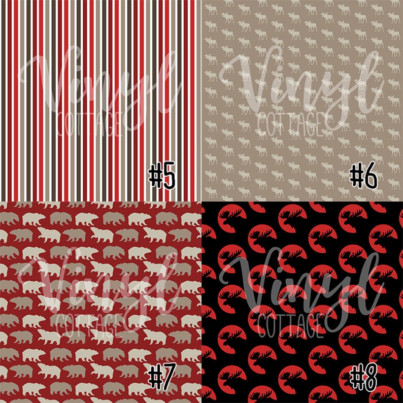 Peut inclure: Quatre motifs de papier num&eacute;rique diff&eacute;rents. Le premier motif est compos&eacute; de rayures rouges et blanches. Le deuxi&egrave;me motif est beige avec une silhouette de wapiti blanche r&eacute;p&eacute;t&eacute;e. Le troisi&egrave;me motif est rouge avec une silhouette d'ours blanche r&eacute;p&eacute;t&eacute;e. Le quatri&egrave;me motif est noir avec une silhouette de t&ecirc;te de wapiti rouge r&eacute;p&eacute;t&eacute;e.