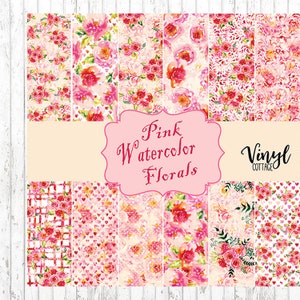 May include: A digital collage of 10 pink watercolor floral patterns. The patterns feature pink roses, hearts, and other floral designs. The text "Pink Watercolor Florals" is in the center of the collage. The text "Vinyl Cottage" is in the bottom right corner.