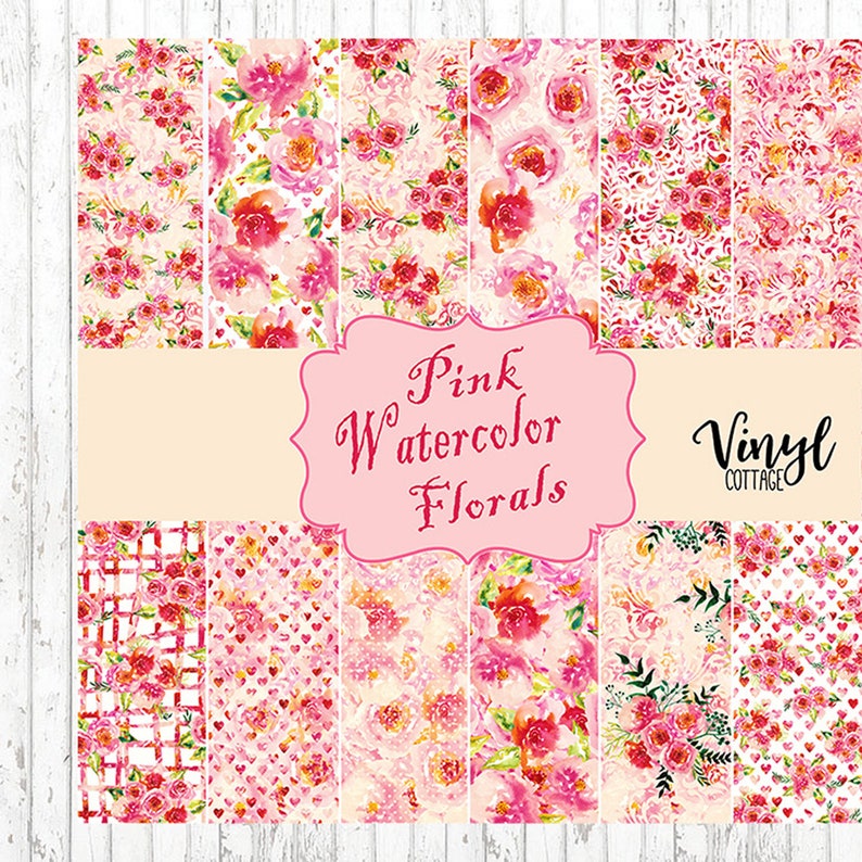 May include: A digital collage of 10 pink watercolor floral patterns. The patterns feature pink roses, hearts, and other floral designs. The text "Pink Watercolor Florals" is in the center of the collage. The text "Vinyl Cottage" is in the bottom right corner.