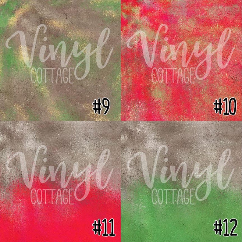 May include: Four different vinyl designs with a glittery, textured look. The designs are numbered 9 through 12 and feature a combination of red, green, and gold colours.