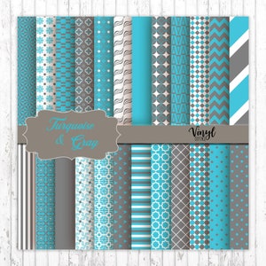 May include: A set of 24 digital paper designs in turquoise and gray colors. The papers feature various geometric patterns, including stripes, polka dots, and chevron. The text "Turquoise & Gray" and "Vinyl Cottage" is included in the image.